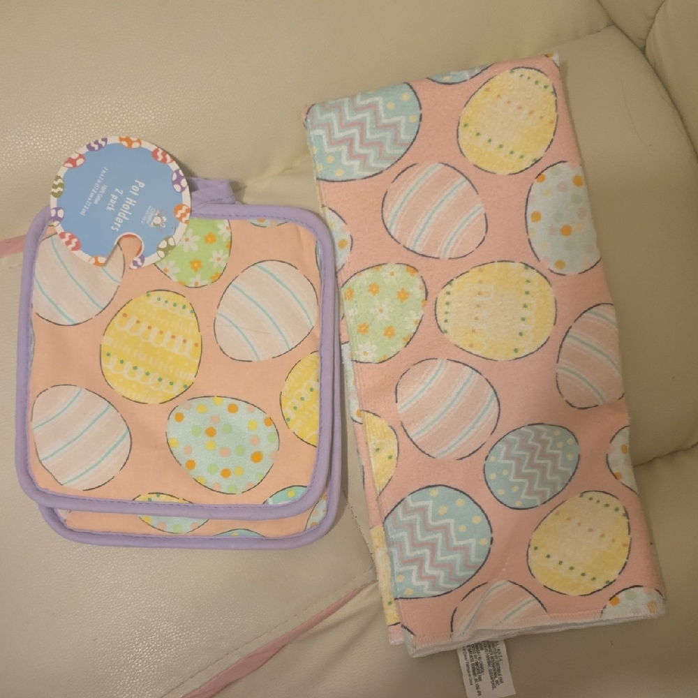 Easter Egg Patterned Kitchen Towel Set - Pink and Yellow